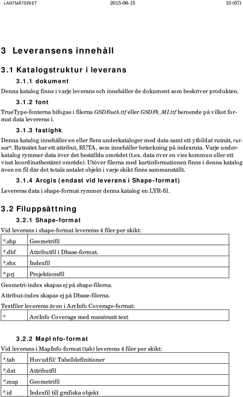 Rutnätet har ett attribut, RUTA, som innehåller beteckning på indexruta. Varje underkatalog rymmer data över det beställda området (t.ex. data över en viss kommun eller ett visst koordinatbestämt område).