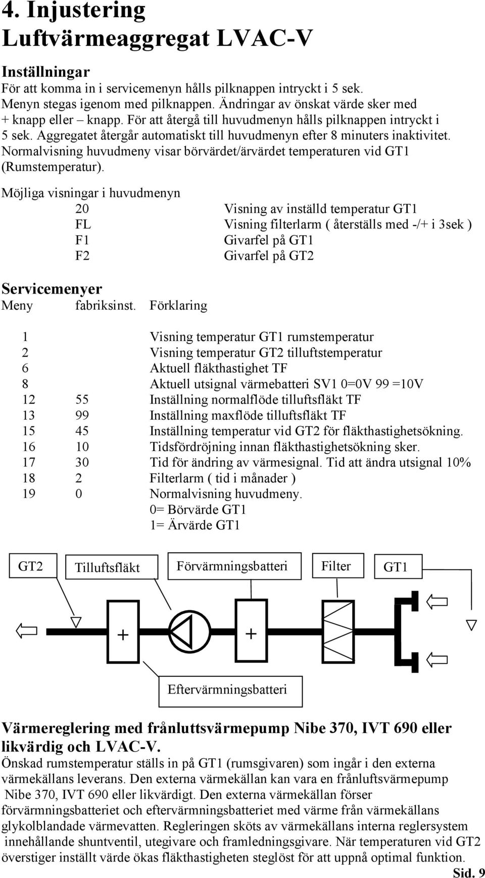 Normalvisning huvudmeny visar börvärdet/ärvärdet temperaturen vid GT1 (Rumstemperatur).