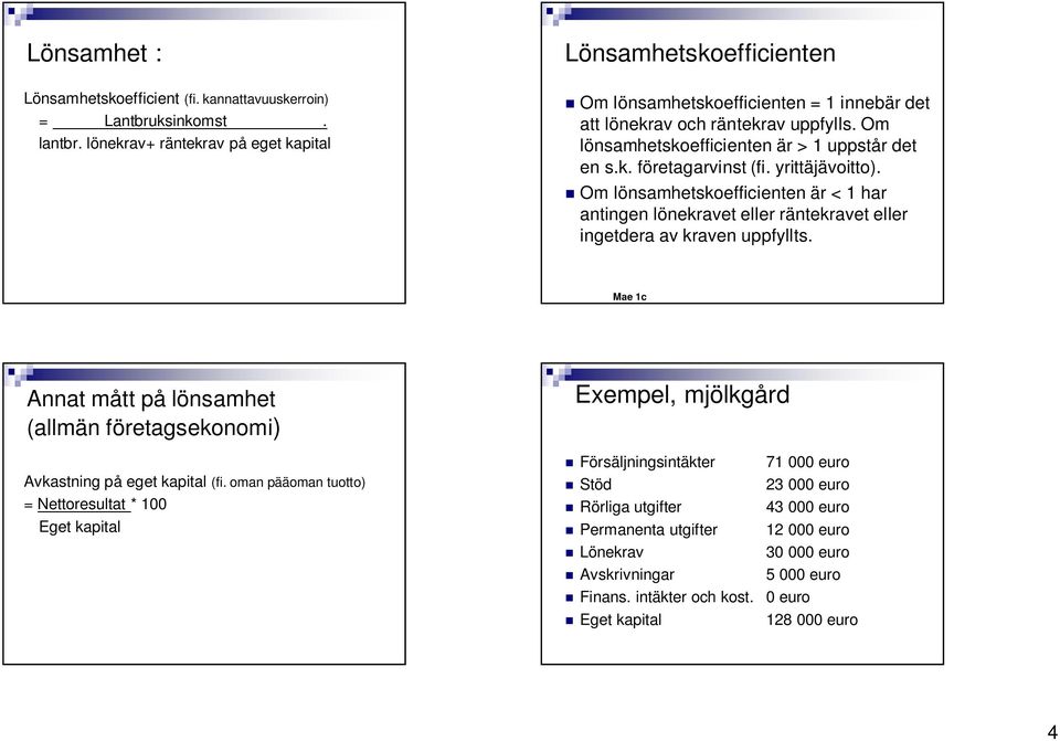 yrittäjävoitto). Om lönsamhetskoefficienten är < 1 har antingen lönekravet eller räntekravet eller ingetdera av kraven uppfyllts.