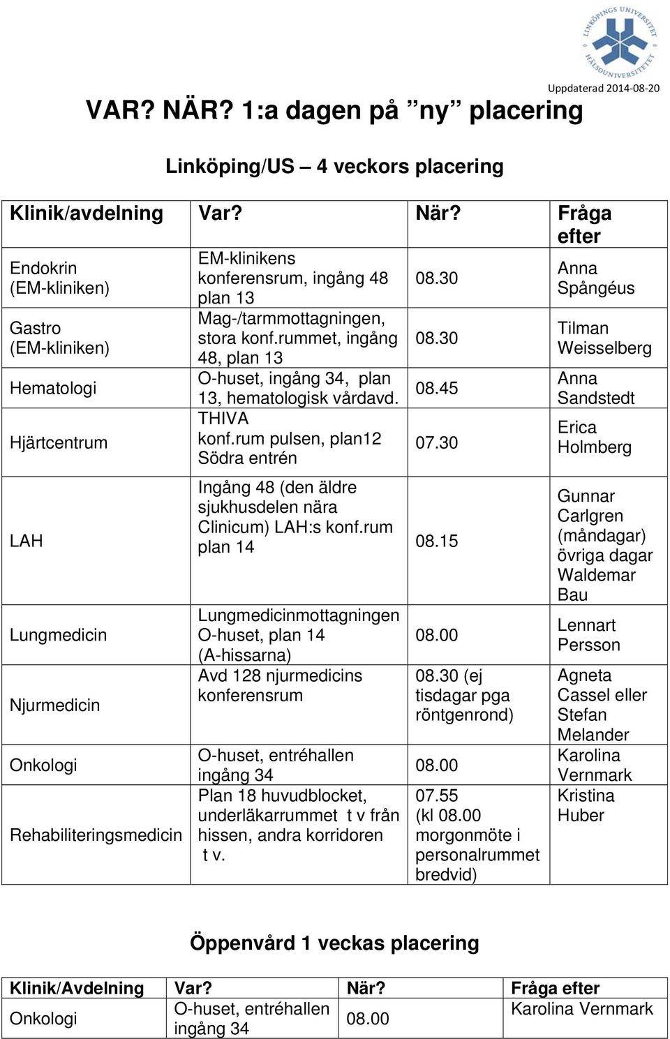 rummet, ingång 48, plan 13 O-huset, ingång 34, plan 13, hematologisk vårdavd. THIVA konf.rum pulsen, plan12 Södra entrén 08.30 08.45 07.30 Ingång 48 (den äldre sjukhusdelen nära Clinicum) LAH:s konf.