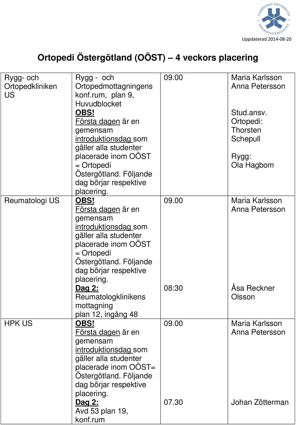 Följande dag börjar respektive Reumatologklinikens mottagning plan 12, ingång 48 placerade inom OÖST= Östergötland.