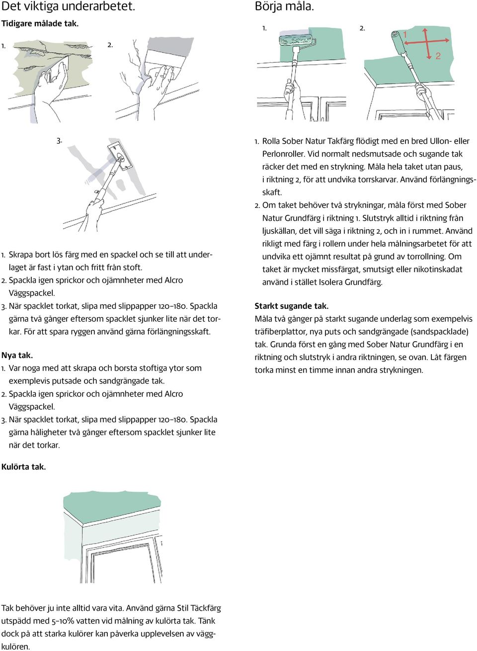 2. Spackla igen sprickor och ojämnheter med Alcro Väggspackel. 3. När spacklet torkat, slipa med slippapper 120 180. Spackla gärna håligheter två gånger eftersom spacklet sjunker lite när det torkar.