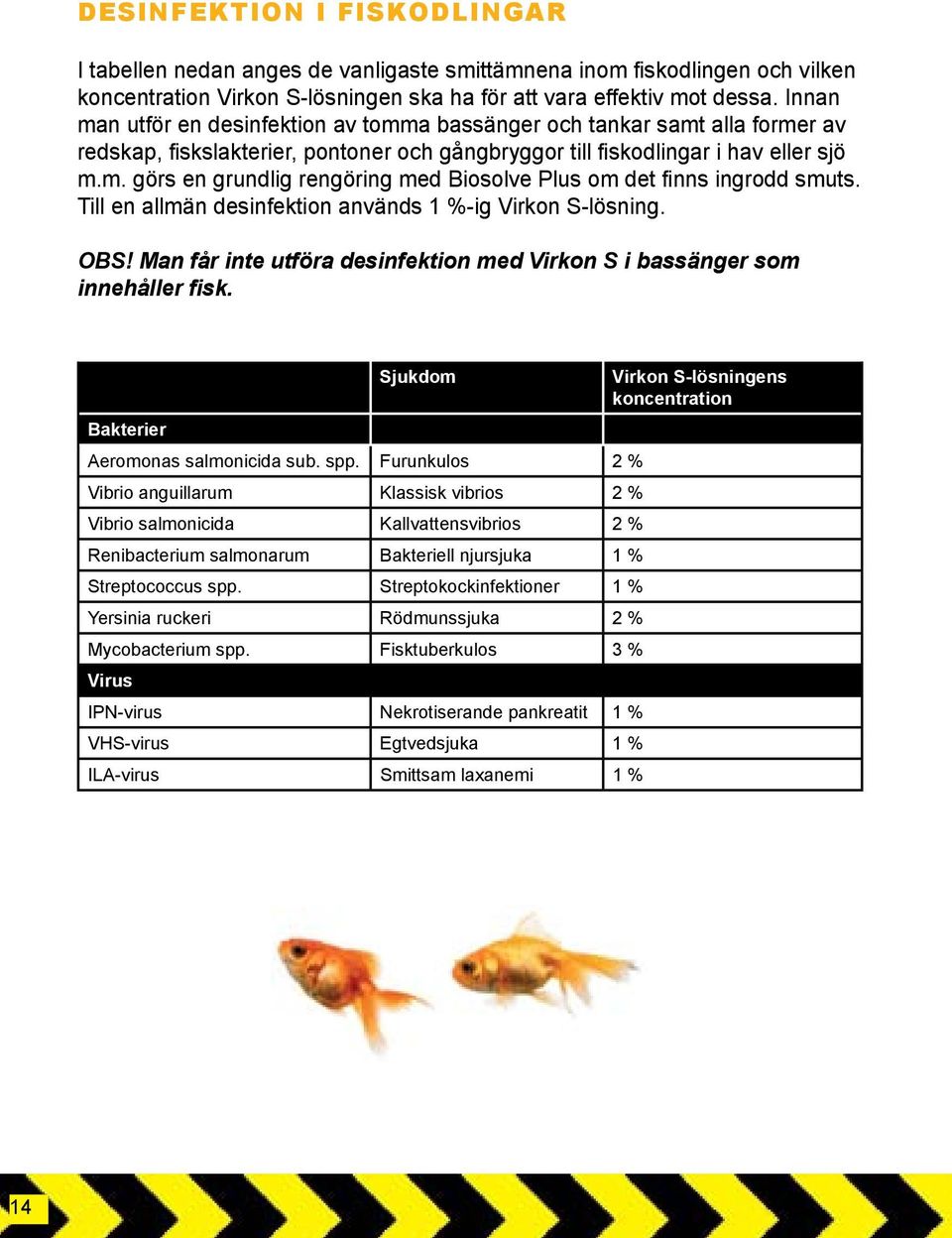 Till en allmän desinfektion används 1 %-ig Virkon S-lösning. OBS! Man får inte utföra desinfektion med Virkon S i bassänger som innehåller fisk.