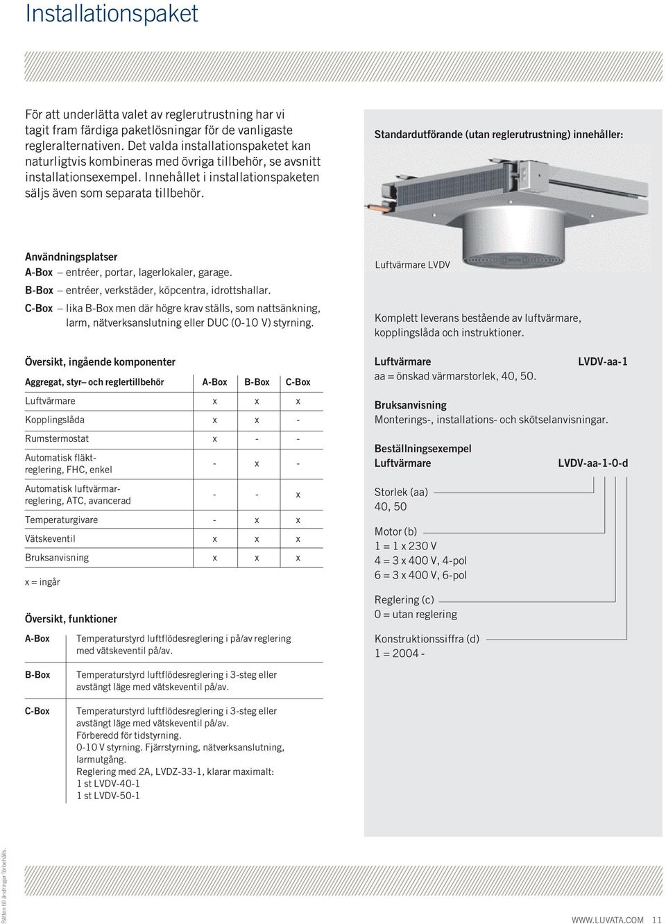 Standardutförande (utan reglerutrustning) innehåller: Användningsplatser A-Box entréer, portar, lagerlokaler, garage. B-Box entréer, verkstäder, köpcentra, idrottshallar.