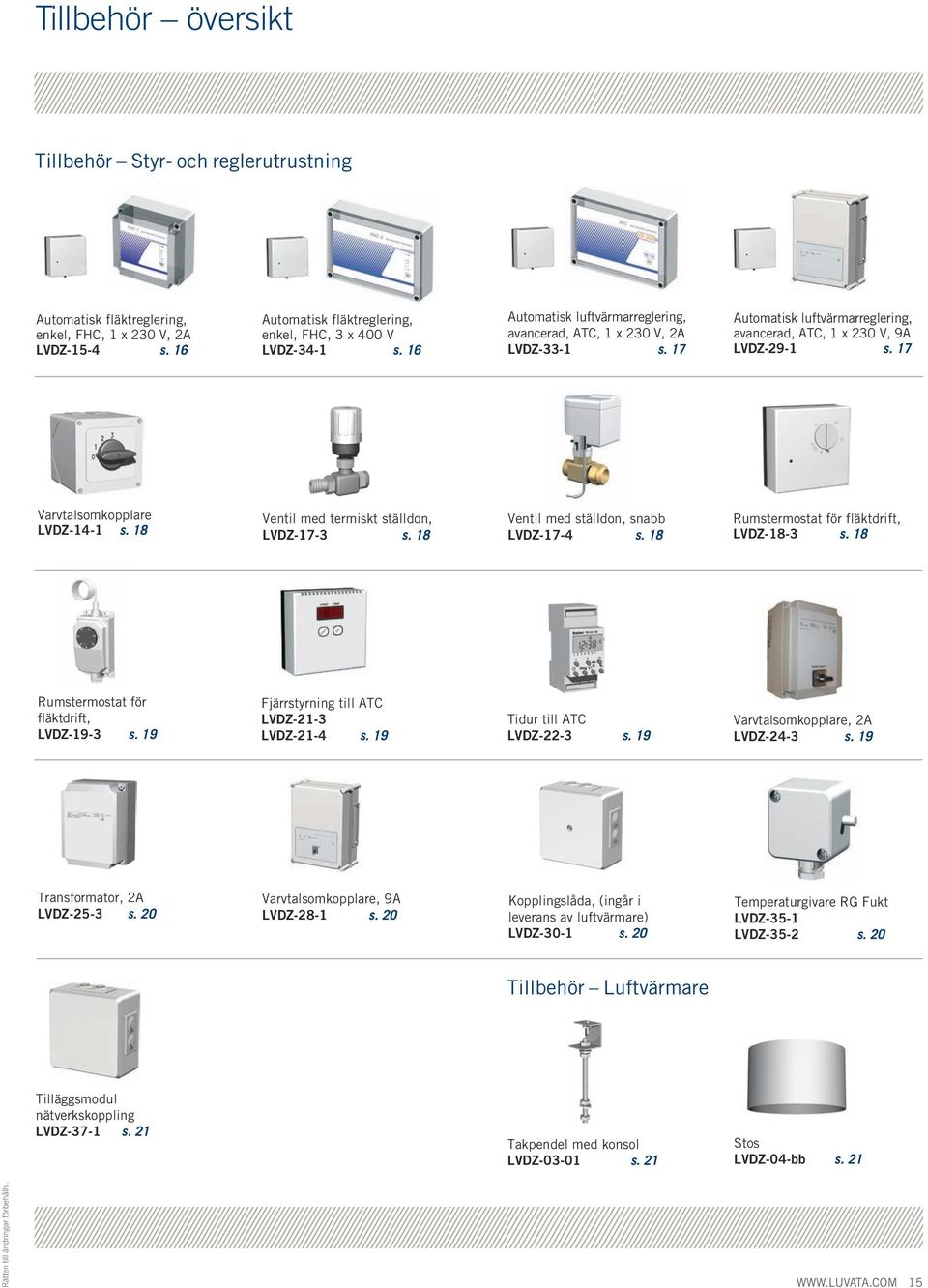 18 Ventil med termiskt ställdon, LVDZ-17-3 s. 18 Ventil med ställdon, snabb LVDZ-17-4 s. 18 Rumstermostat för fläktdrift, LVDZ-18-3 s. 18 Rumstermostat för fläktdrift, LVDZ-19-3 s.