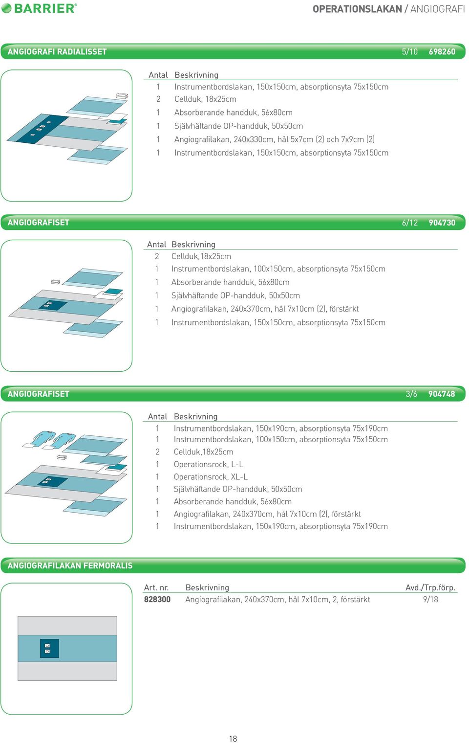 Instrumentbordslakan, 100x150cm, absorptionsyta 75x150cm 1 Absorberande handduk, 56x80cm 1 Självhäftande OP-handduk, 50x50cm 1 Angiografilakan, 240x370cm, hål 7x10cm (2), förstärkt 1