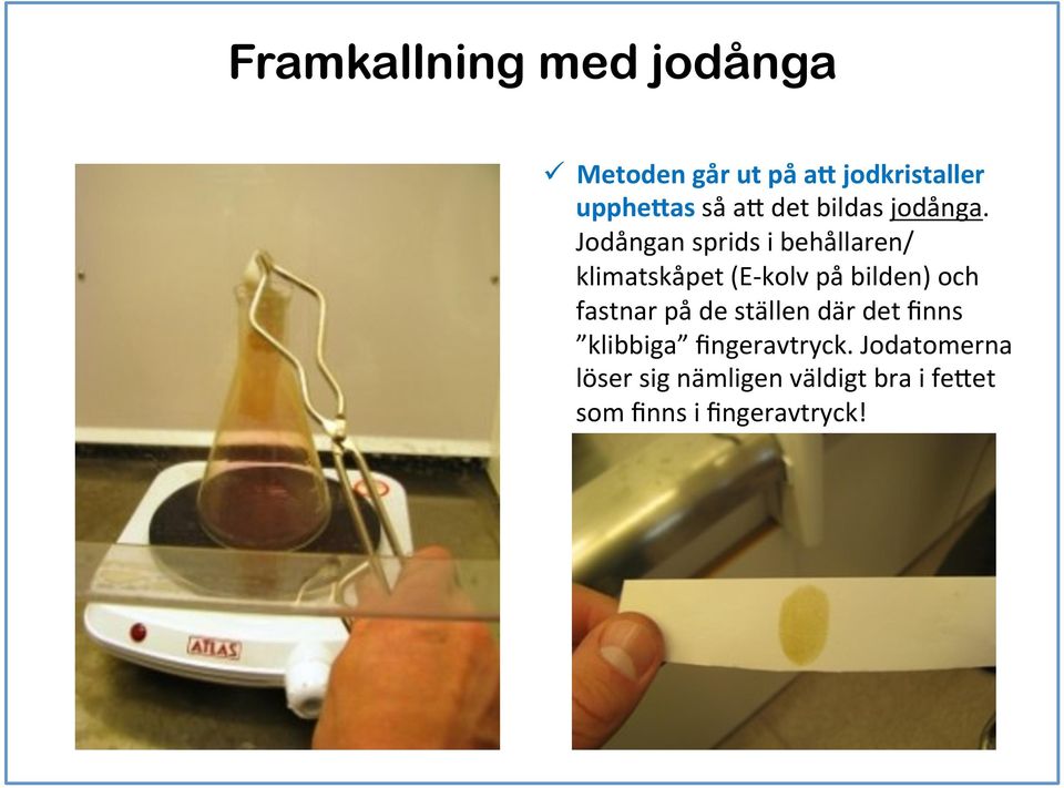 Jodångan sprids i behållaren/ klimatskåpet (E- kolv på bilden) och fastnar