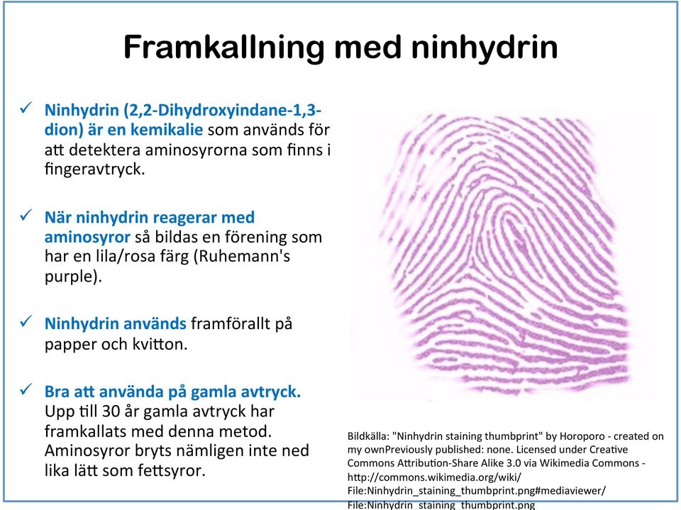 ü Bra a@ använda på gamla avtryck. Upp 6ll 30 år gamla avtryck har framkallats med denna metod. Aminosyror bryts nämligen inte ned lika läb som febsyror.