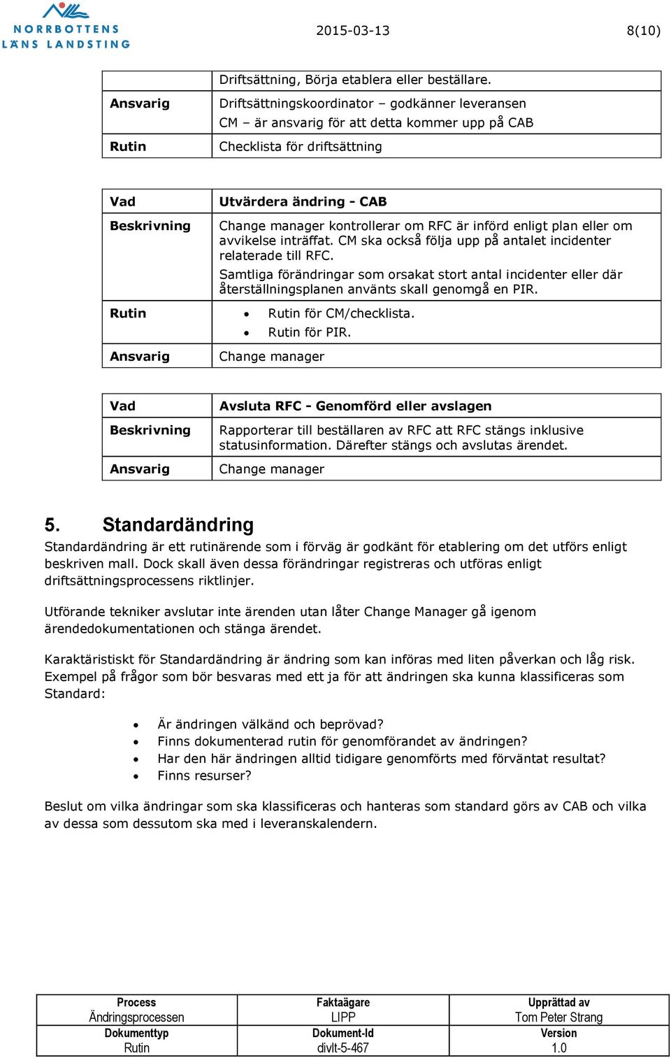 eller om avvikelse inträffat. CM ska också följa upp på antalet incidenter relaterade till RFC.