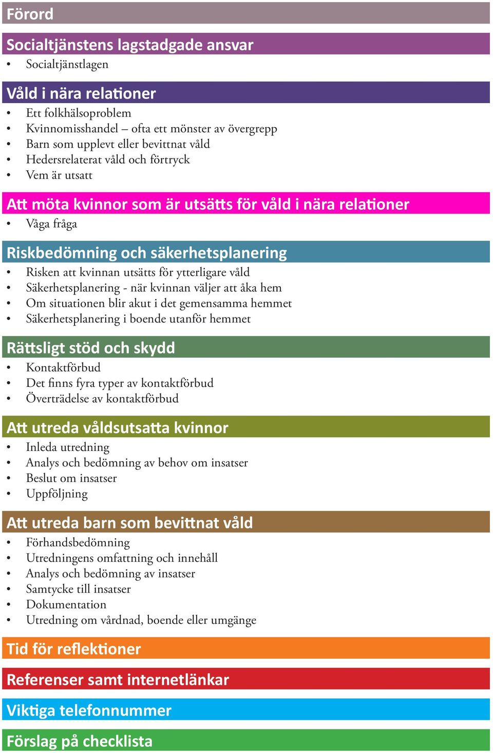 våld Säkerhetsplanering - när kvinnan väljer att åka hem Om situationen blir akut i det gemensamma hemmet Säkerhetsplanering i boende utanför hemmet Rättsligt stöd och skydd Kontaktförbud Det finns