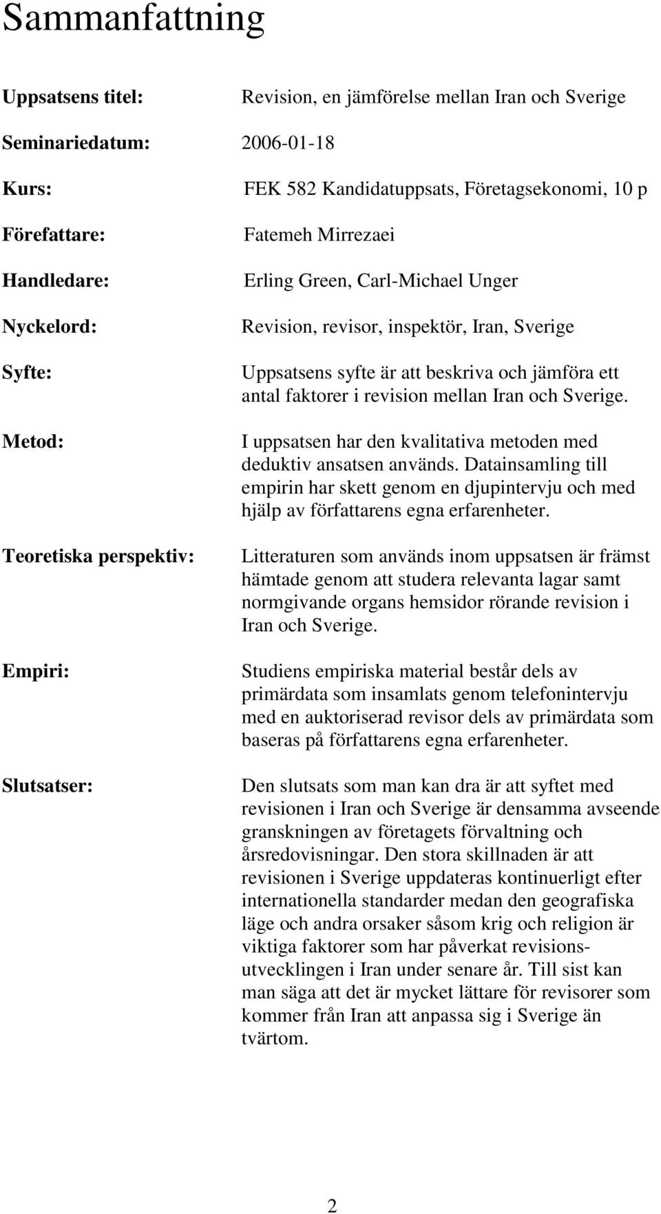 ett antal faktorer i revision mellan Iran och Sverige. I uppsatsen har den kvalitativa metoden med deduktiv ansatsen används.