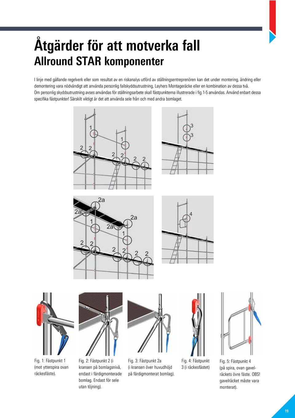 Om personlig skyddsutrustning avses användas för ställningsarbete skall fästpunkterna illustrerade i fig.1-5 användas. Använd enbart dessa specifika fästpunkter!