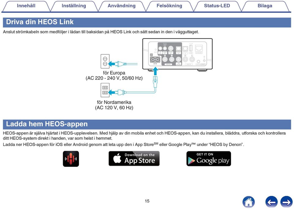 (AC 120 V, 60 Hz) Ladda hem HEOS-appen HEOS-appen är själva hjärtat i HEOS-upplevelsen Med hjälp av din mobila enhet och HEOS-appen, kan du installera, bläddra, utforska och