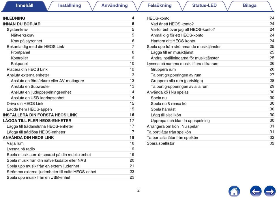 14 Driva din HEOS Link 15 Ladda hem HEOS-appen 15 INSTALLERA DIN FÖRSTA HEOS LINK 16 LÄGGA TILL FLER HEOS-ENHETER 17 Lägga till trådanslutna HEOS-enheter 17 Lägga till trådlösa HEOS-enheter 17