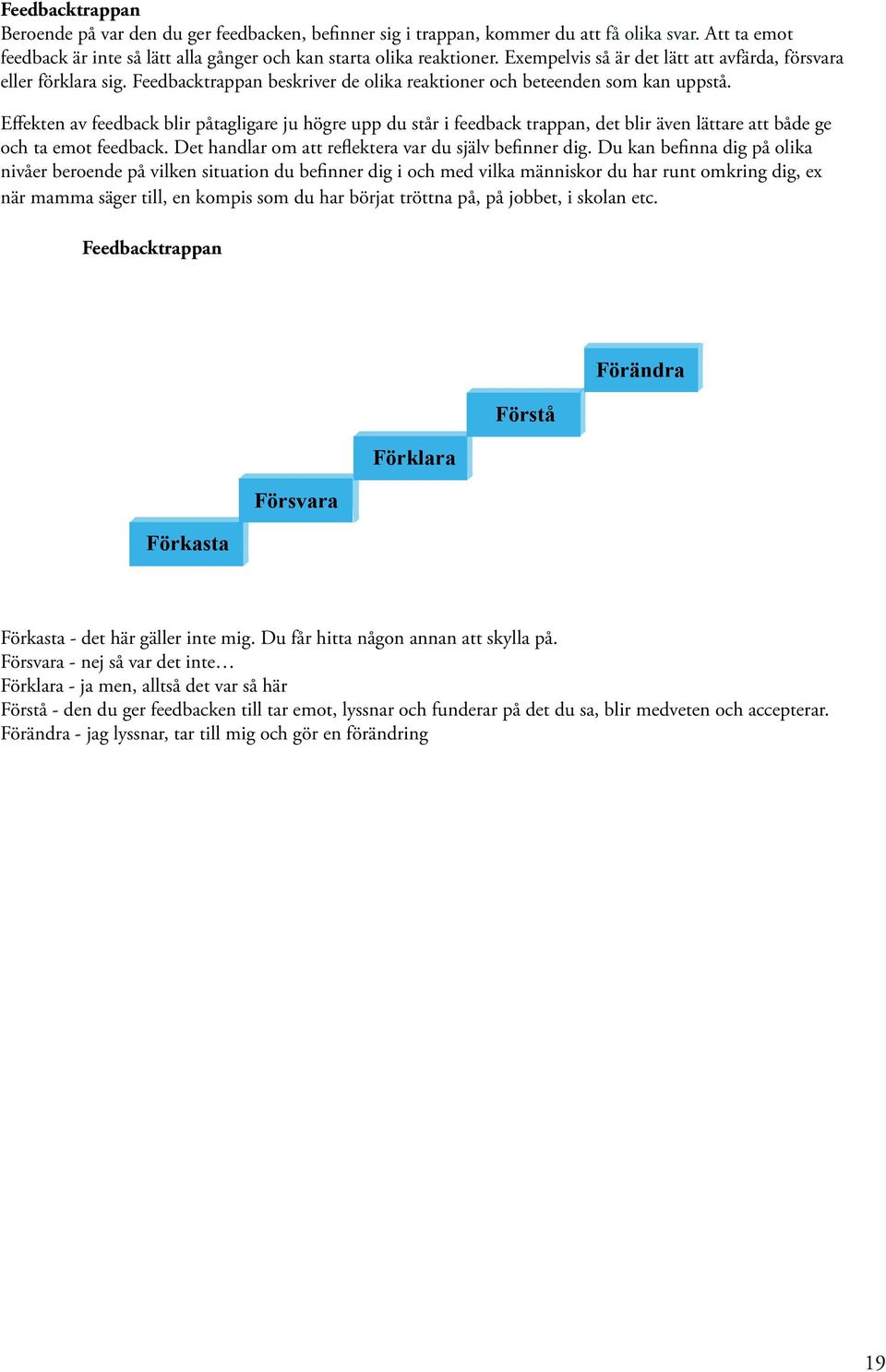 Effekten av feedback blir påtagligare ju högre upp du står i feedback trappan, det blir även lättare att både ge och ta emot feedback. Det handlar om att reflektera var du själv befinner dig.