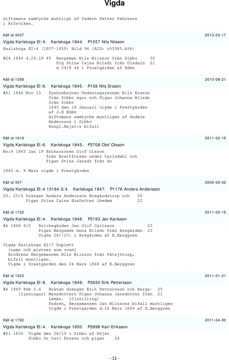 P158 Nils Ersson #61 1844 Nov 15 Syskonbarnen Undantagarsonen Nils Ersson från Sibbo egor och Pigan Johanna Nilsdr från Sibbo 1845 den 18 Januari vigde i Prestgården af J.