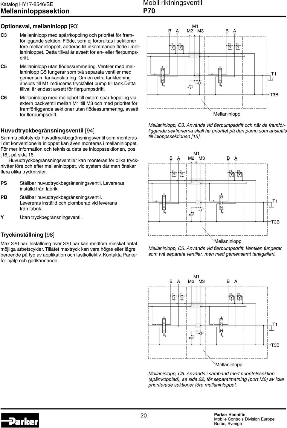 Ventiler med mellaninlopp C5 fungerar som två separata ventiler med gemensam tankanslutning. Om en extra tankledning ansluts till M1 reduceras tryckfallet pump till tank.