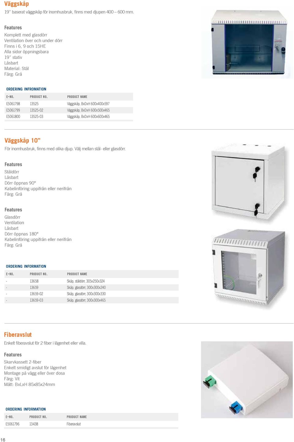 600x400x597 E5061799 13525-02 Väggskåp, BxDxH 600x500x465 E5061800 13525-03 Väggskåp, BxDxH 600x600x465 Väggskåp 10 För inomhusbruk, finns med olika djup. Välj mellan stål- eller glasdörr.