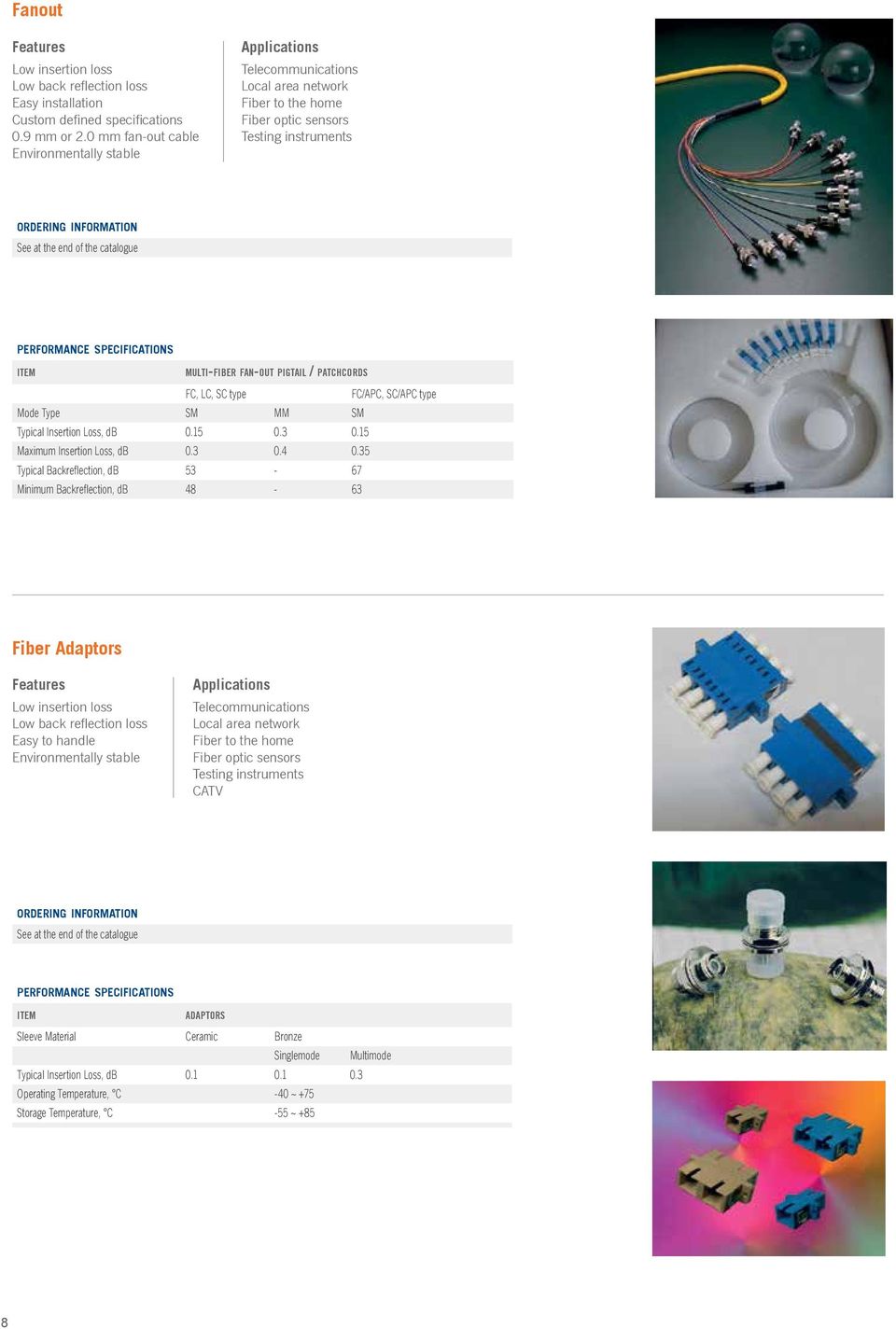 specifications item multi-fiber fan-out pigtail / patchcords FC, LC, SC type FC/APC, SC/APC type Mode Type SM MM SM Typical Insertion Loss, db 0.15 0.3 0.15 Maximum Insertion Loss, db 0.3 0.4 0.