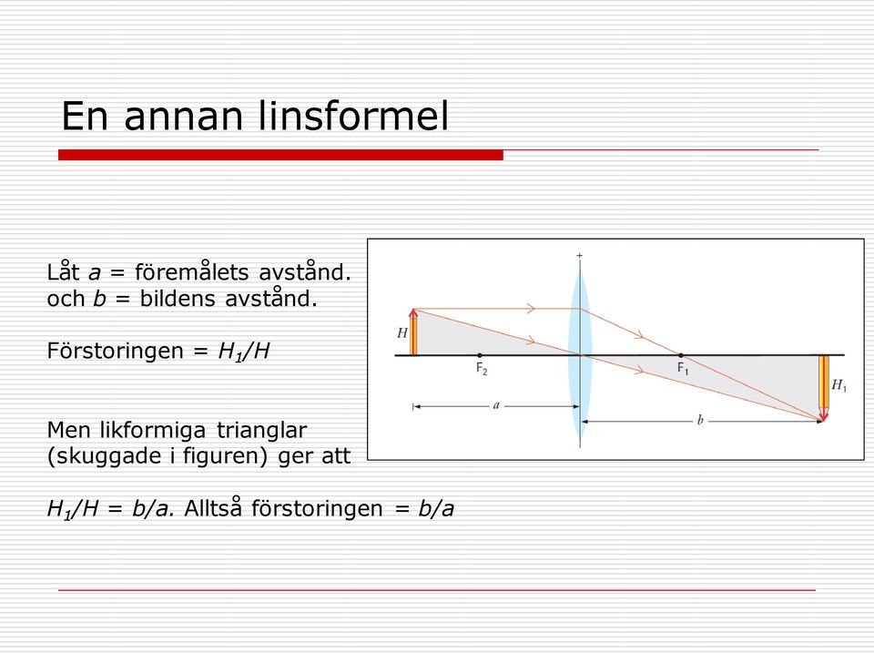 Förstoringen = H 1 /H Men likformiga trianglar