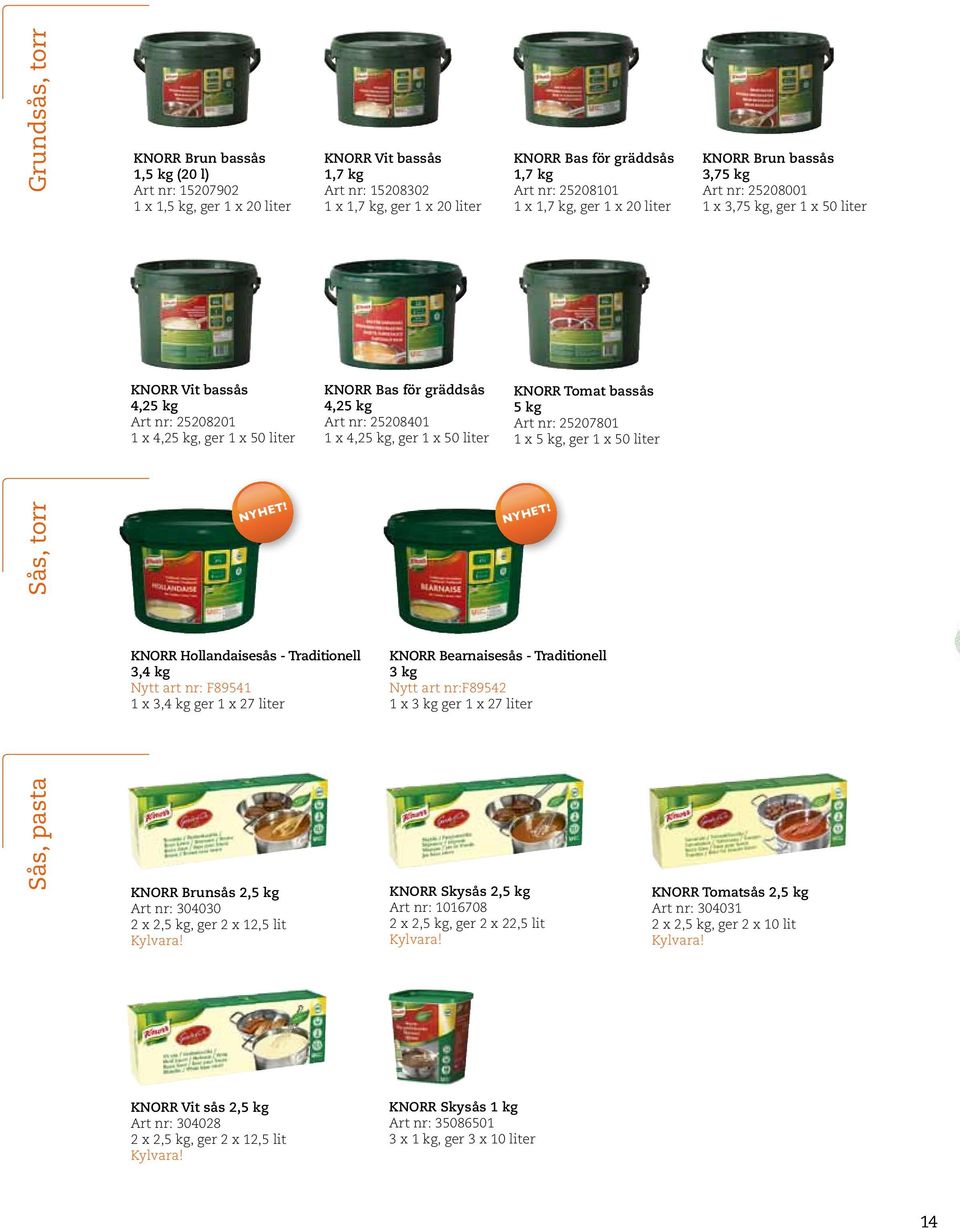 4,25 kg, ger 1 x 50 liter Tomat bassås 5 kg Art nr: 25207801 1 x 5 kg, ger 1 x 50 liter Sås, pasta Sås, torr NyHET!
