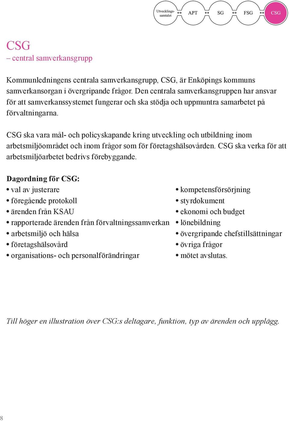 CSG ska vara mål- och policyskapande kring utveckling och utbildning inom arbetsmiljöområdet och inom frågor som för företagshälsovården. CSG ska verka för att arbetsmiljöarbetet bedrivs förebyggande.