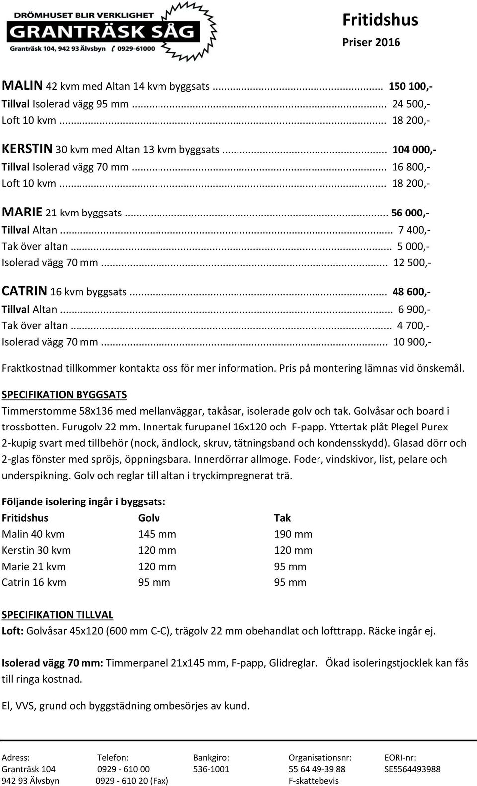 .. 6 900,- Tak över altan... 4 700,- Isolerad vägg 70 mm... 10 900,- Fraktkostnad tillkommer kontakta oss för mer information. Pris på montering lämnas vid önskemål.