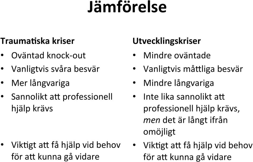 Utvecklingskriser Mindre oväntade Vanligtvis må9liga besvär Mindre långvariga Inte lika sannolikt