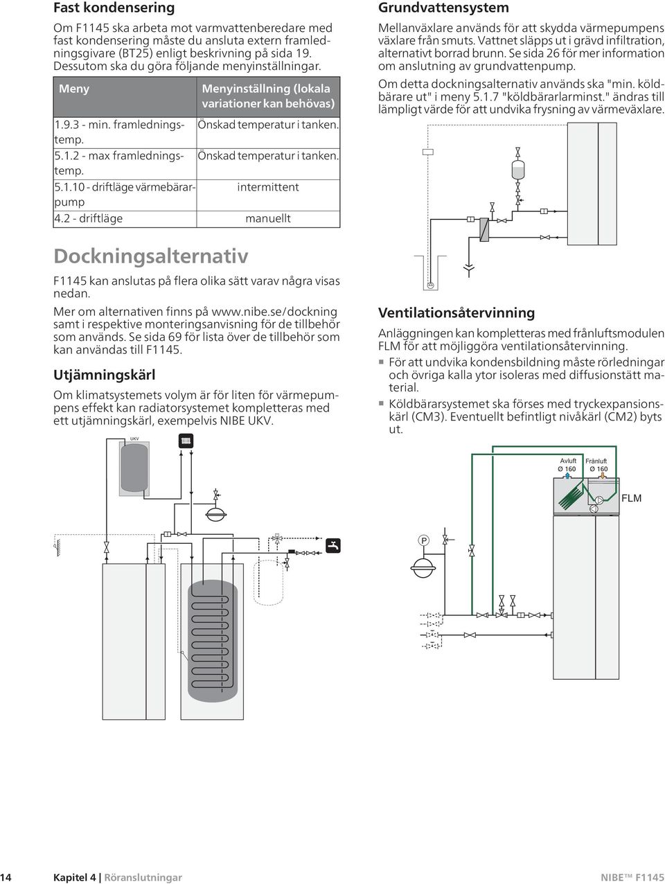 Önskad temperatur i tanken. 5.1.10 - driftläge värmebärarpump intermittent 4.2 - driftläge manuellt Dockningsalternativ F1145 kan anslutas på flera olika sätt varav några visas nedan.