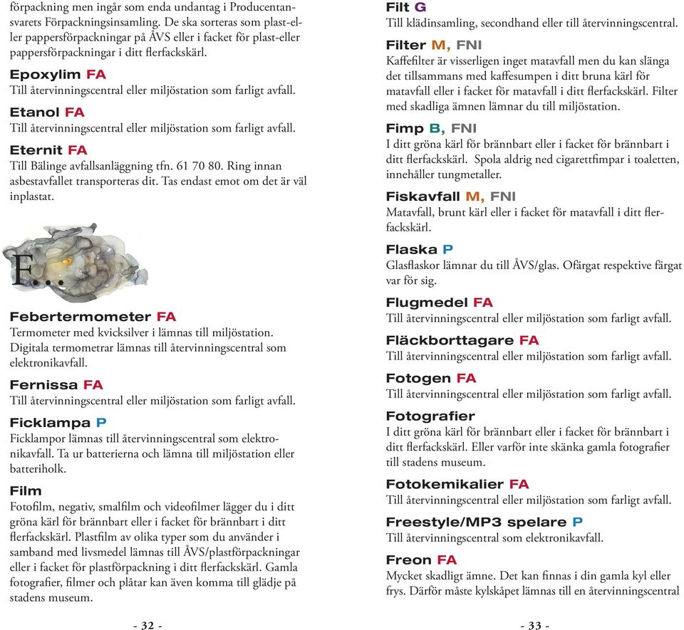 Ring innan asbest avfallet transporteras dit. Tas endast emot om det är väl inplastat. F... Febertermometer FA Termometer med kvicksilver i lämnas till miljöstation.