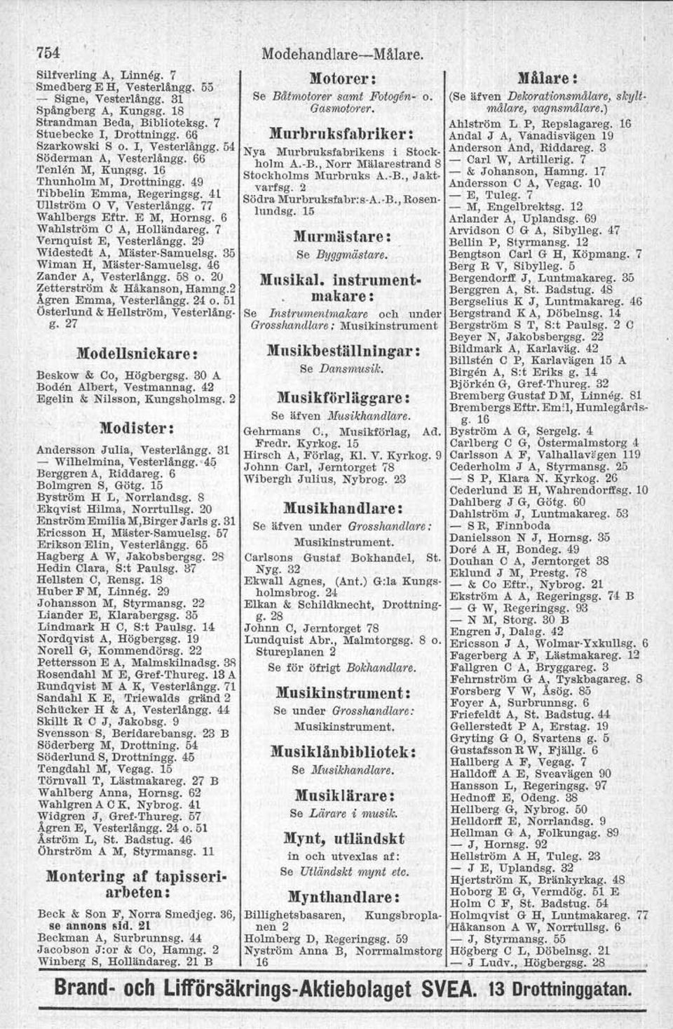 6 Wahlström C A, Holländareg. 7 Vernquist E, Vesterlängg. 29 Widestedt A, Mäster Samuelsg. 35 Wiman H, Mäster-Samuelsg. 46 Zander A, Vesterlängg. 58 o. 20 Zetterström & Häkanson, Hamng.