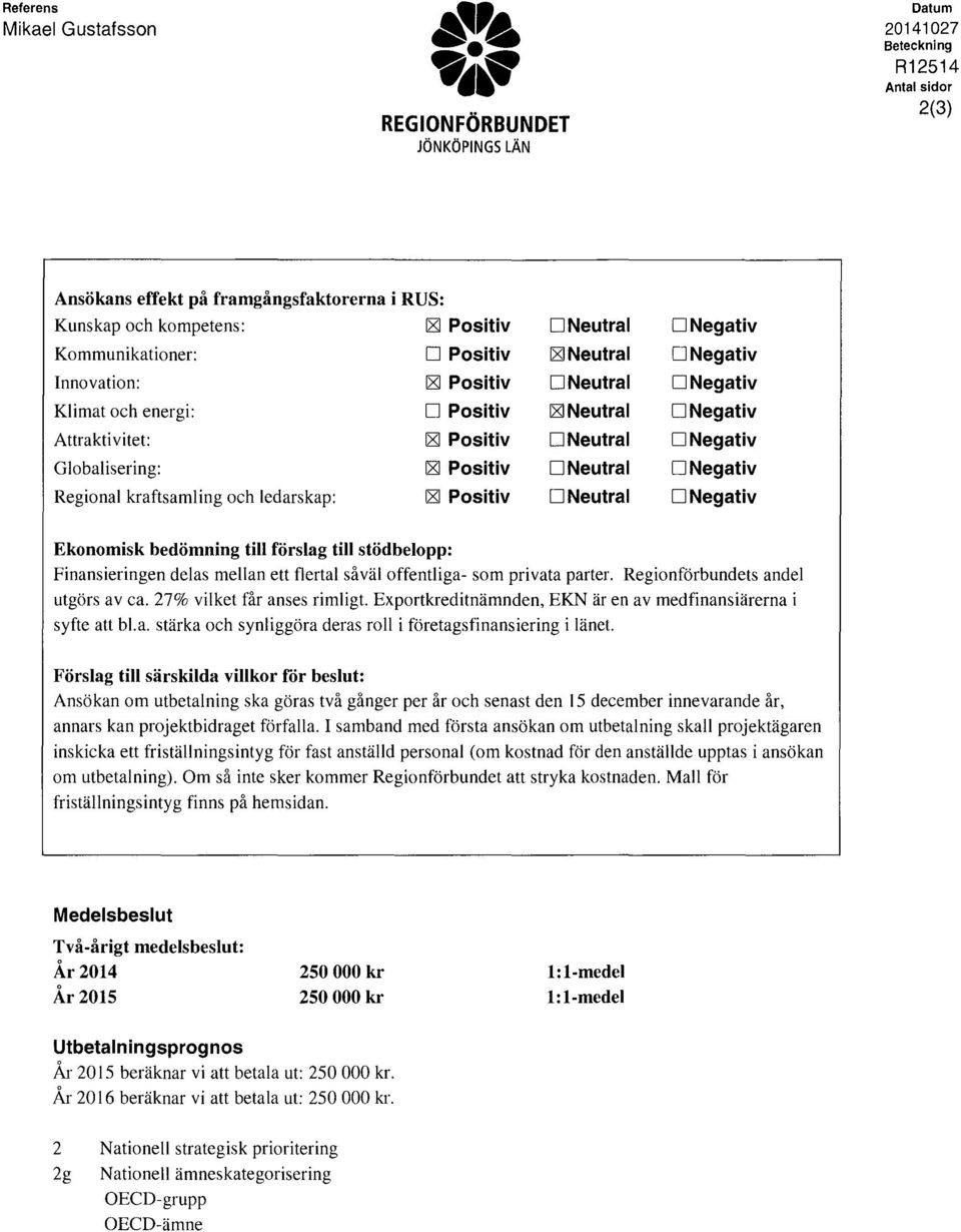 förslag till stödbelpp: Finansieringen delas mellan ett flertal såväl ffentliga- sm privata parter. Reginförbundets andel utgörs av ca. 27% vilket får anses rimligt.