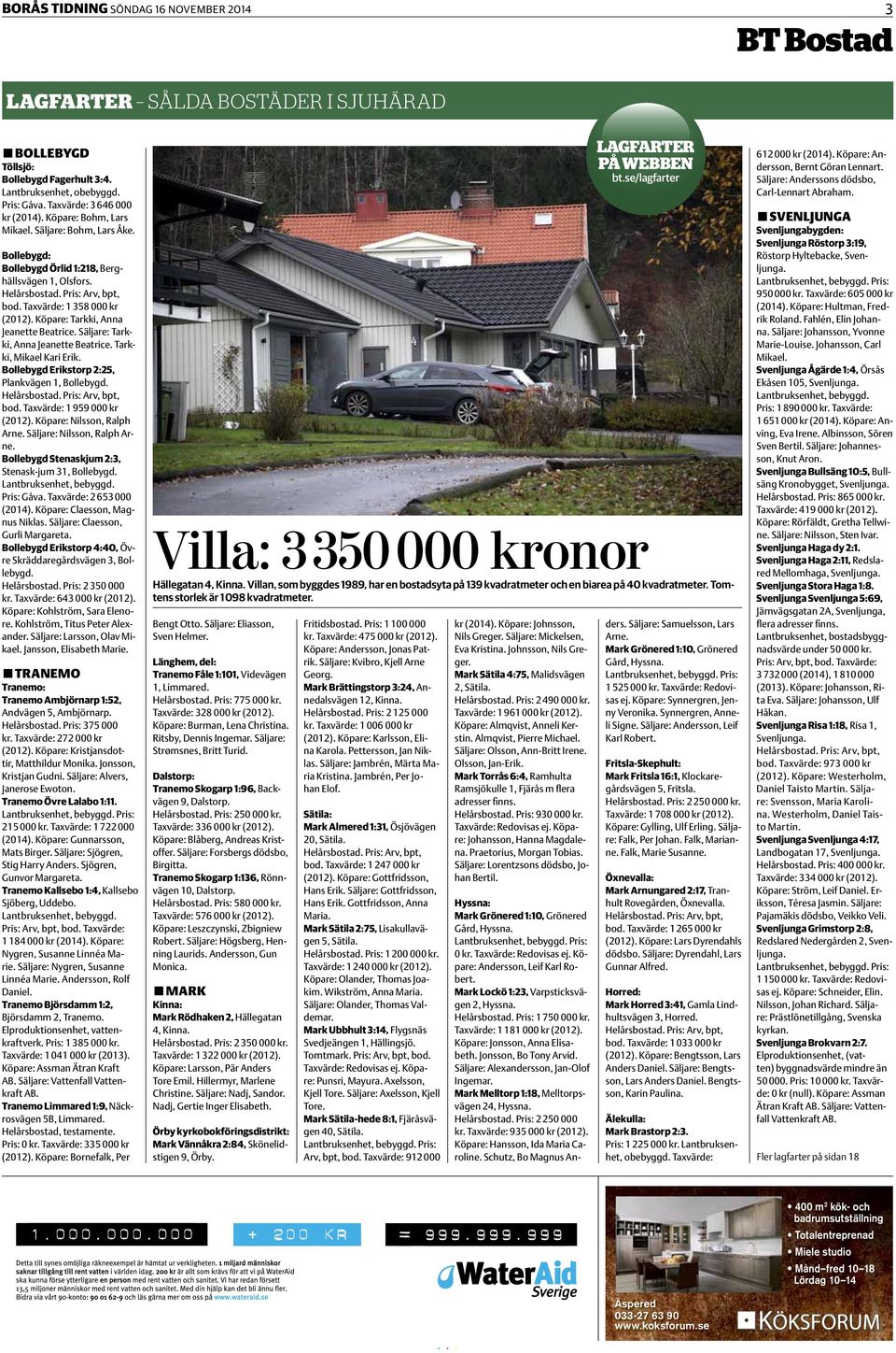 Säljare: Tarkki, Anna Jeanette Beatrice. Tarkki, Mikael Kari Erik. Bollebygd Erikstorp 2:25, Plankvägen 1, Bollebygd. Helårsbostad. Pris: Arv, bpt, bod. Taxvärde: 1 959 000 kr (2012).