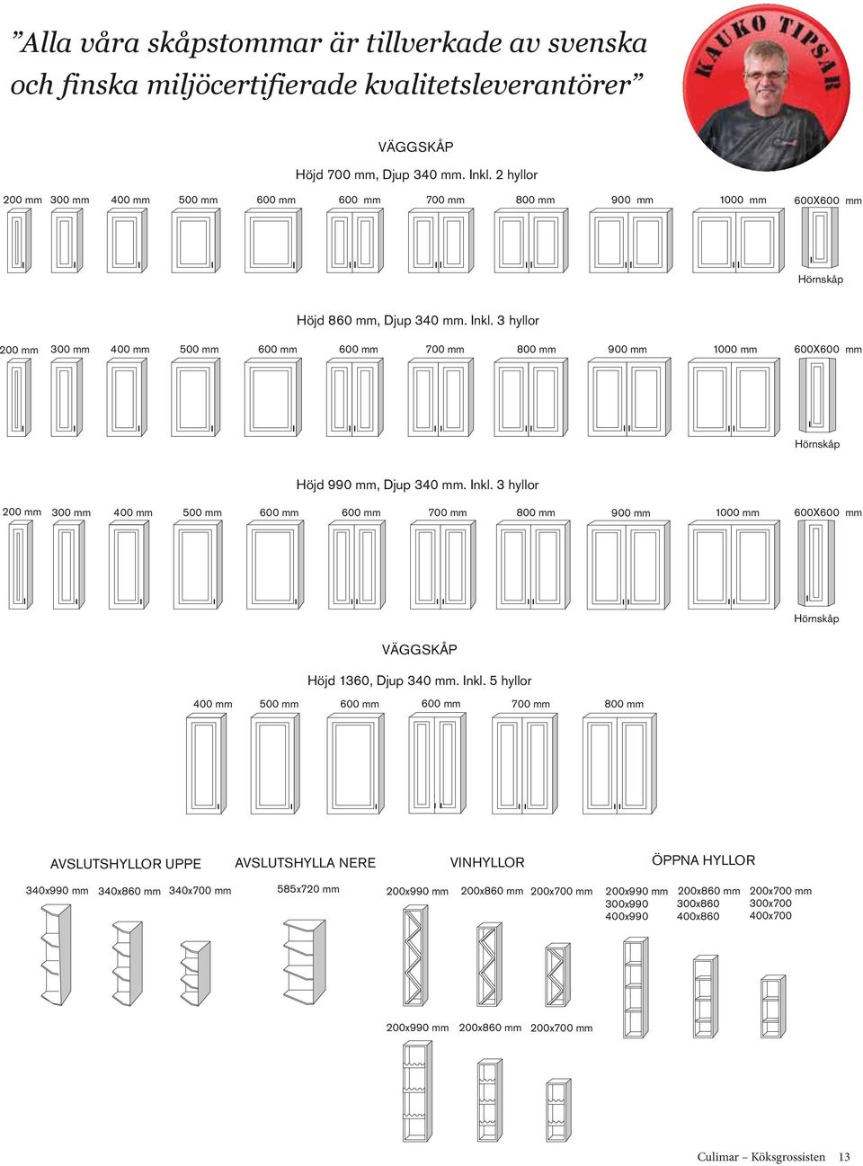 3 hyllor 200 mm 300 mm 400 mm 500 mm 600 mm 600 mm 700 mm 800 mm 900 mm 1000 mm 600X600 mm Hörnskåp Höjd 990 mm, Djup 340 mm. Inkl.