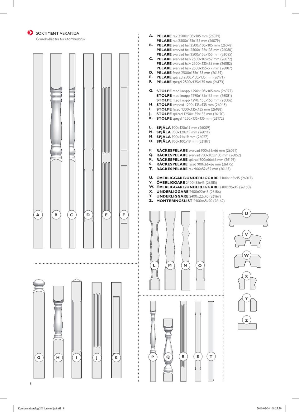 Pelare svarvad halv 2500x105x52 mm (26072) Pelare svarvad halv 2500x135x65 mm (26082) Pelare svarvad halv 2500x155x77 mm (26087) Pelare fasad 2500x135x135 mm (26189) Pelare spårad 2500x135x135 mm