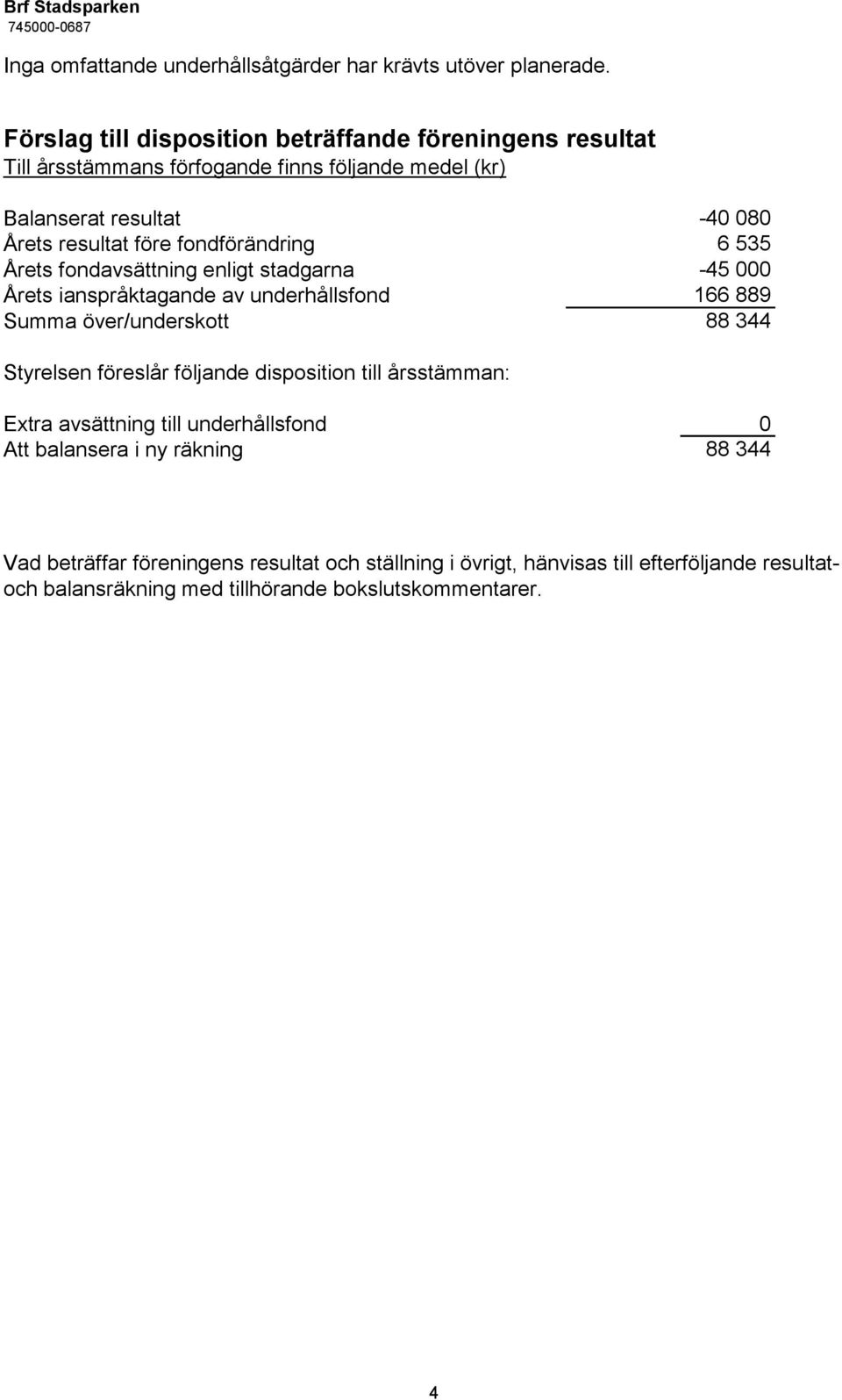 Årets fondavsättning enligt stadgarna Årets ianspråktagande av underhållsfond Summa över/underskott -40 080 6 535-45 000 166 889 88 344 Styrelsen föreslår följande