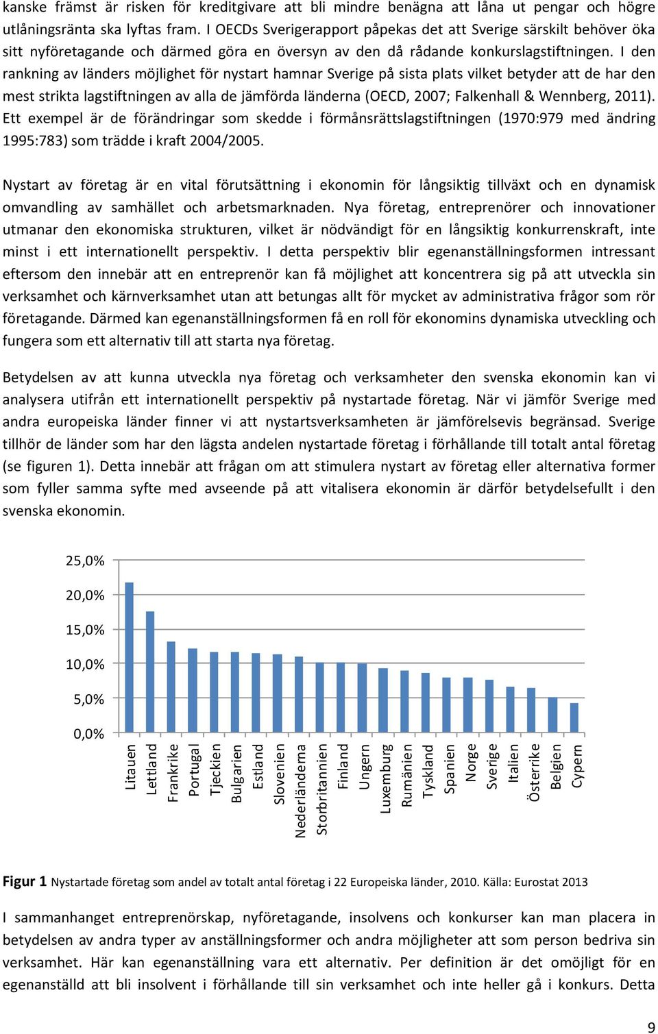 I OECDs Sverigerapport påpekas det att Sverige särskilt behöver öka sitt nyföretagande och därmed göra en översyn av den då rådande konkurslagstiftningen.