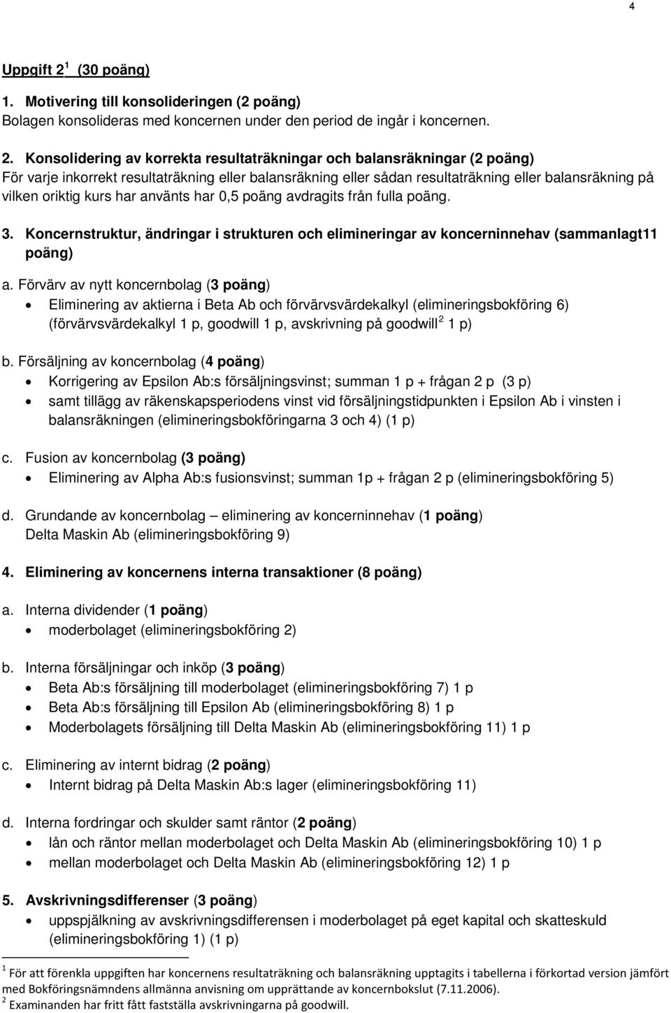 Konsolidering av korrekta resultaträkningar och balansräkningar (2 poäng) För varje inkorrekt resultaträkning eller balansräkning eller sådan resultaträkning eller balansräkning på vilken oriktig