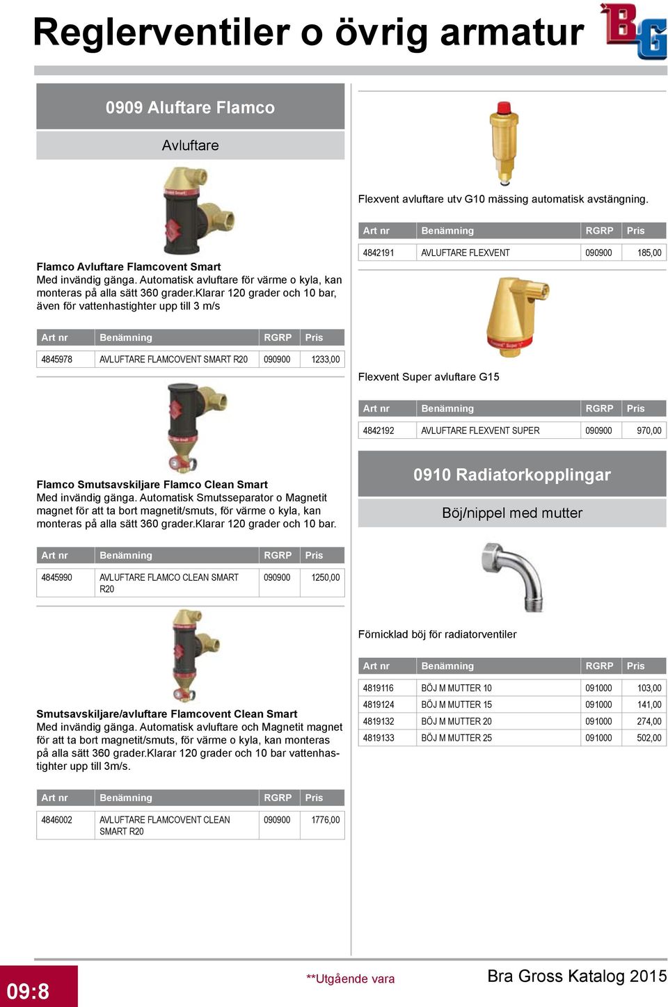 klarar 120 grader och 10 bar, även för vattenhastighter upp till 3 m/s 4842191 AVLUFTARE FLEXVENT 090900 185,00 4845978 AVLUFTARE FLAMCOVENT SMART R20 090900 1233,00 Flexvent Super avluftare G15