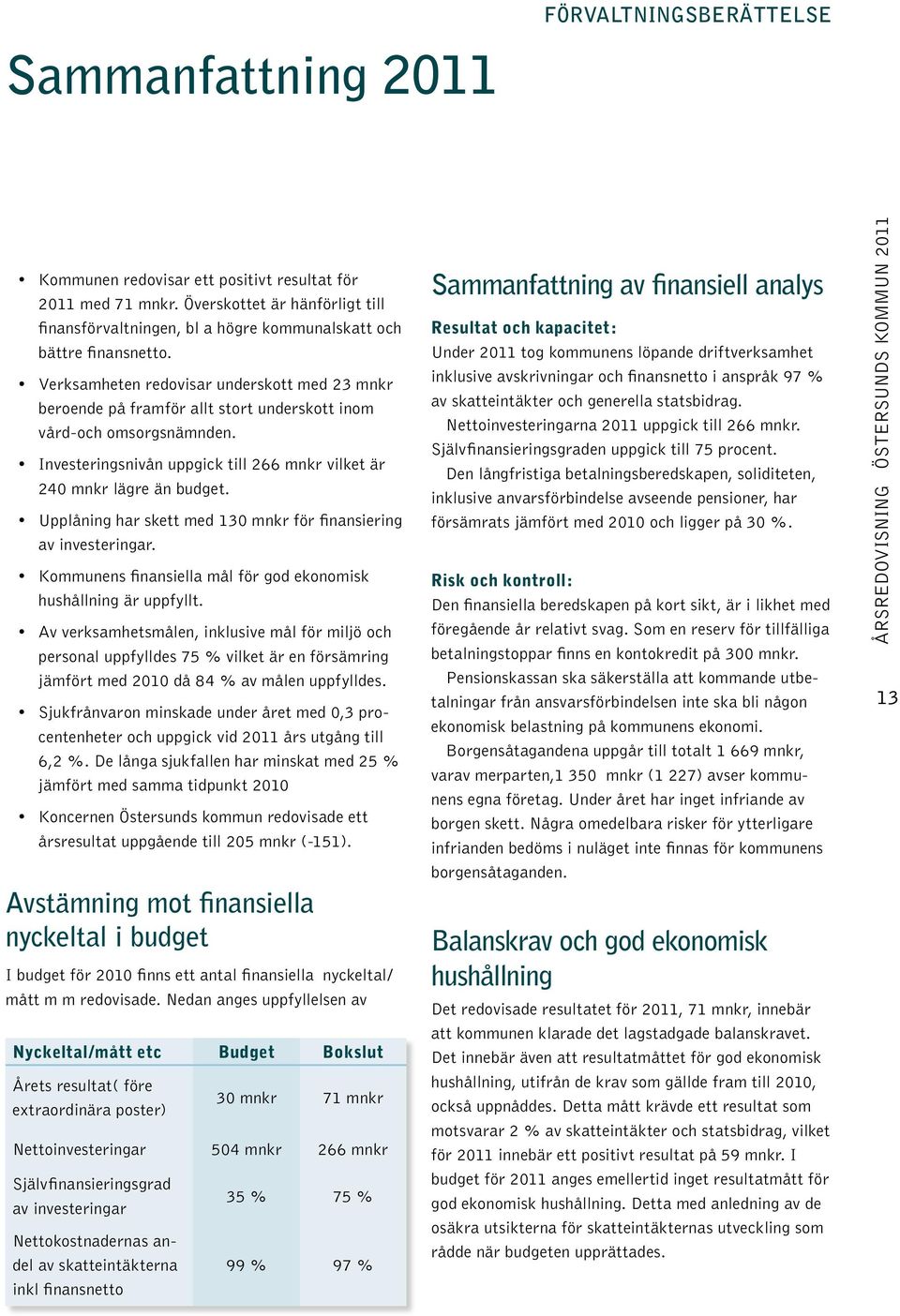 Verksamheten redovisar underskott med 23 mnkr beroende på framför allt stort underskott inom vård-och omsorgsnämnden. Investeringsnivån uppgick till 266 mnkr vilket är 240 mnkr lägre än budget.