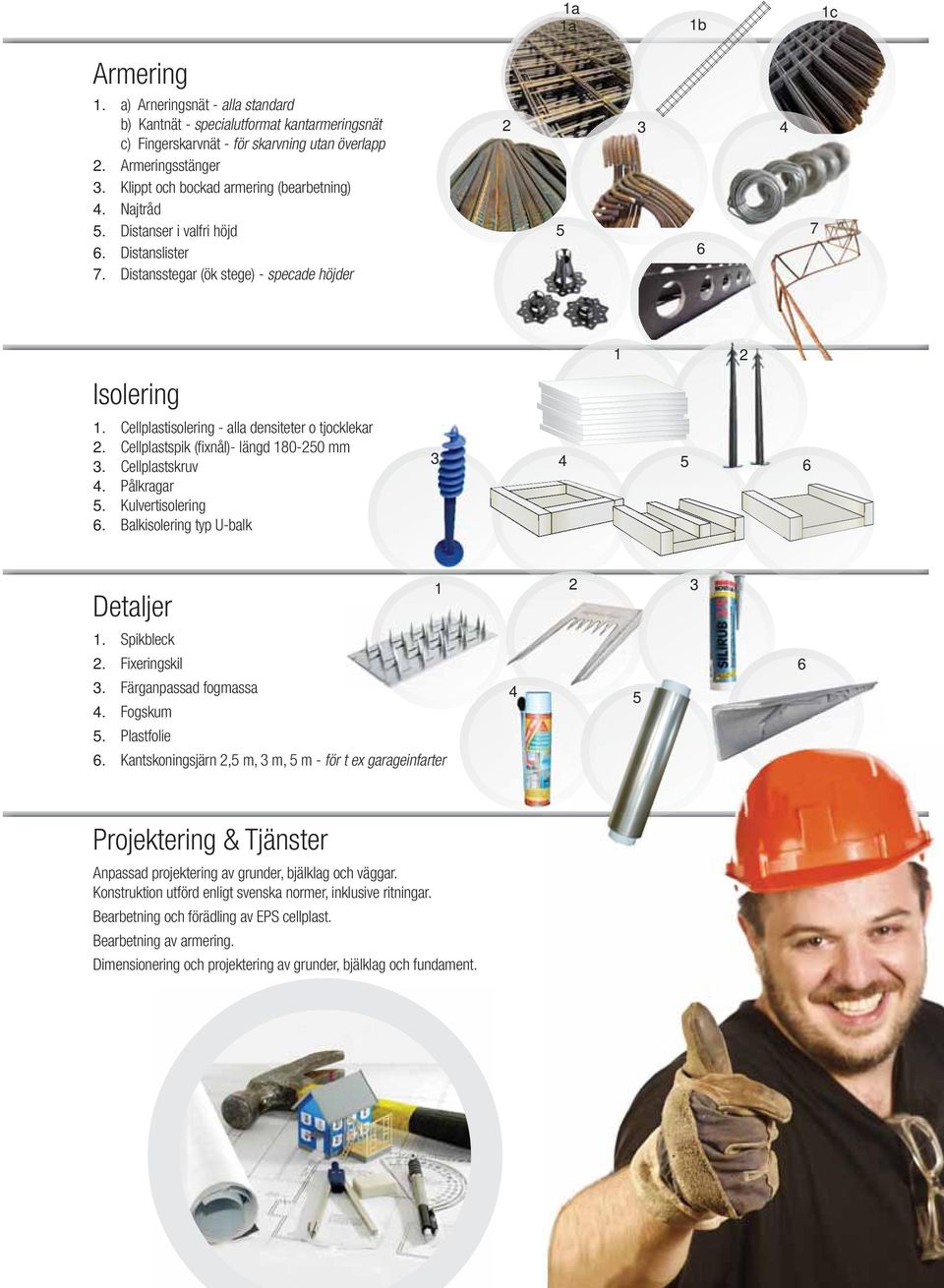 Cellplastisolering - alla densiteter o tjocklekar 2. Cellplastspik (fi xnål)- längd 180-250 mm 3. Cellplastskruv 4. Pålkragar 5. Kulvertisolering 6. Balkisolering typ U-balk 3 1 4 5 6 2 Detaljer 1.