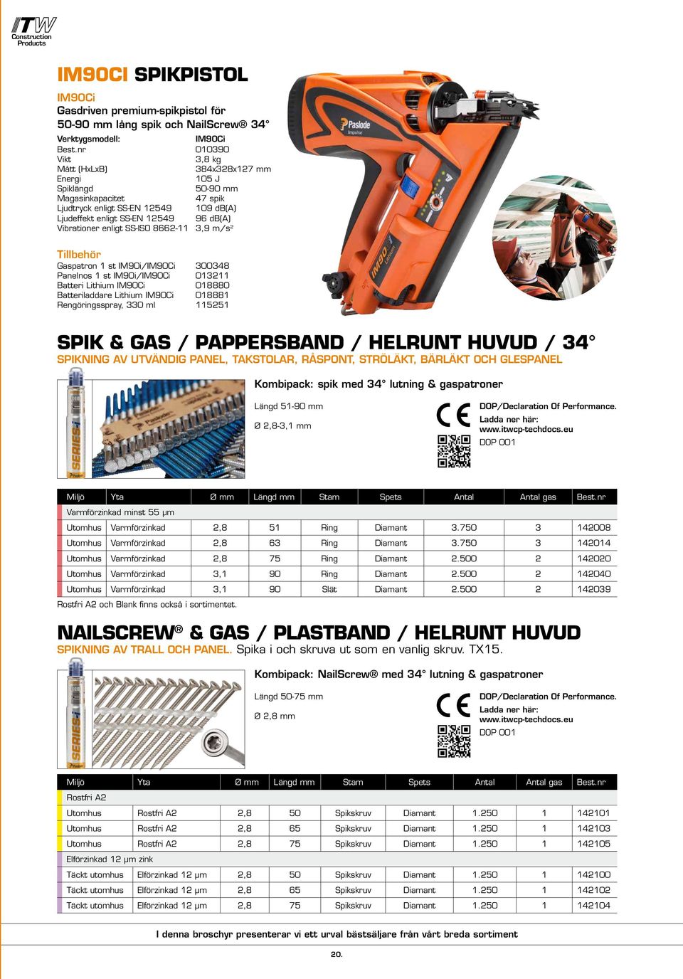 SS-ISO 8662-11 3,9 m/s 2 Tillbehör Gaspatron 1 st IM90i/IM90Ci 300348 Panelnos 1 st IM90i/IM90Ci 013211 Batteri Lithium IM90Ci 018880 Batteriladdare Lithium IM90Ci 018881 Rengöringsspray, 330 ml