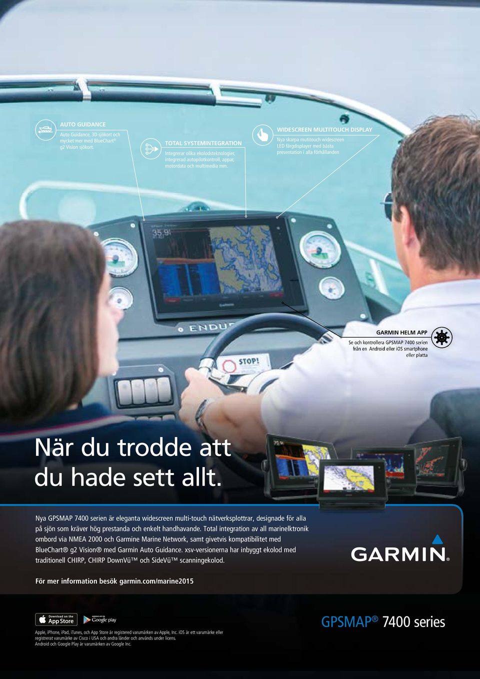 WIDESCREEN MULTITOUCH DISPLAY Nya skarpa mutitouch widescreen LED färgdisplayer med bästa presentation i alla förhållanden GARMIN HELM APP Se och kontrollera GPSMAP 7400 serien från en Android eller