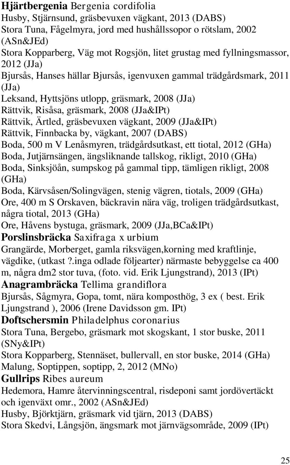 Finnbacka by, vägkant, 2007 (DABS) Boda, 500 m V Lenåsmyren, trädgårdsutkast, ett tiotal, 2012 (GHa) Boda, Jutjärnsängen, ängsliknande tallskog, rikligt, 2010 (GHa) Boda, Sinksjöån, sumpskog på