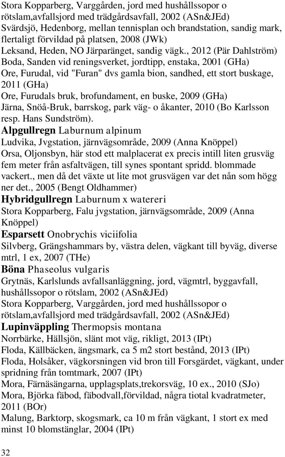 brofundament, en buske, 2009 (GHa) Järna, Snöå-Bruk, barrskog, park väg- o åkanter, 2010 (Bo Karlsson resp. Hans Sundström).