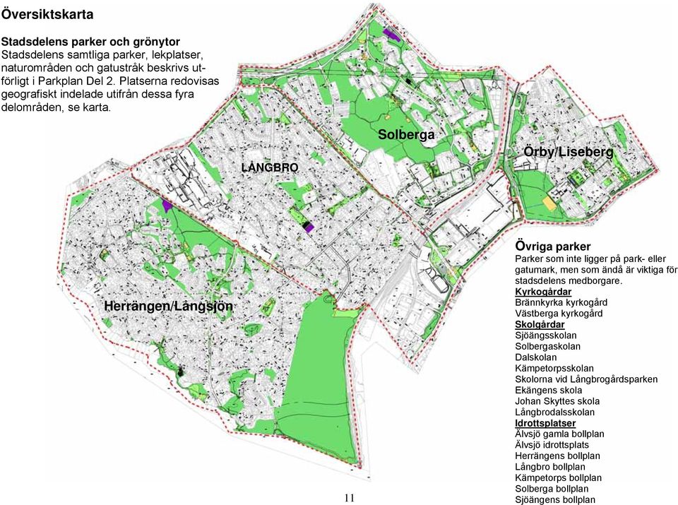 LÅNGBRO Solberga Örby/Liseberg Herrängen/Långsjön 11 Övriga parker Parker som inte ligger på park- eller gatumark, men som ändå är viktiga för stadsdelens medborgare.