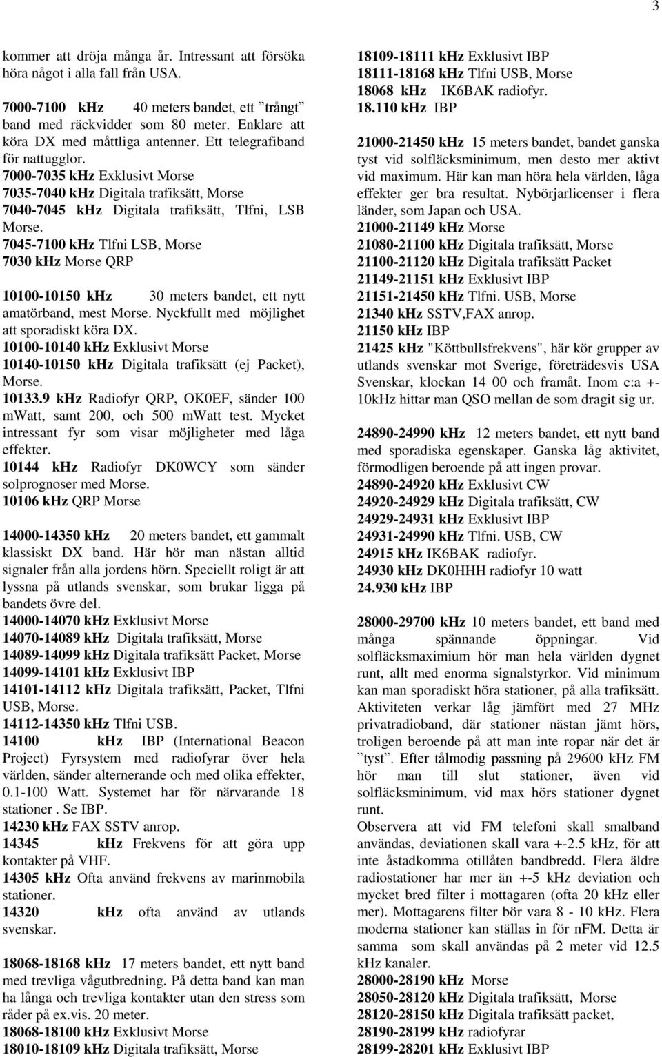 7045-7100 khz Tlfni LSB, Morse 7030 khz Morse QRP 10100-10150 khz 30 meters bandet, ett nytt amatörband, mest Morse. Nyckfullt med möjlighet att sporadiskt köra DX.