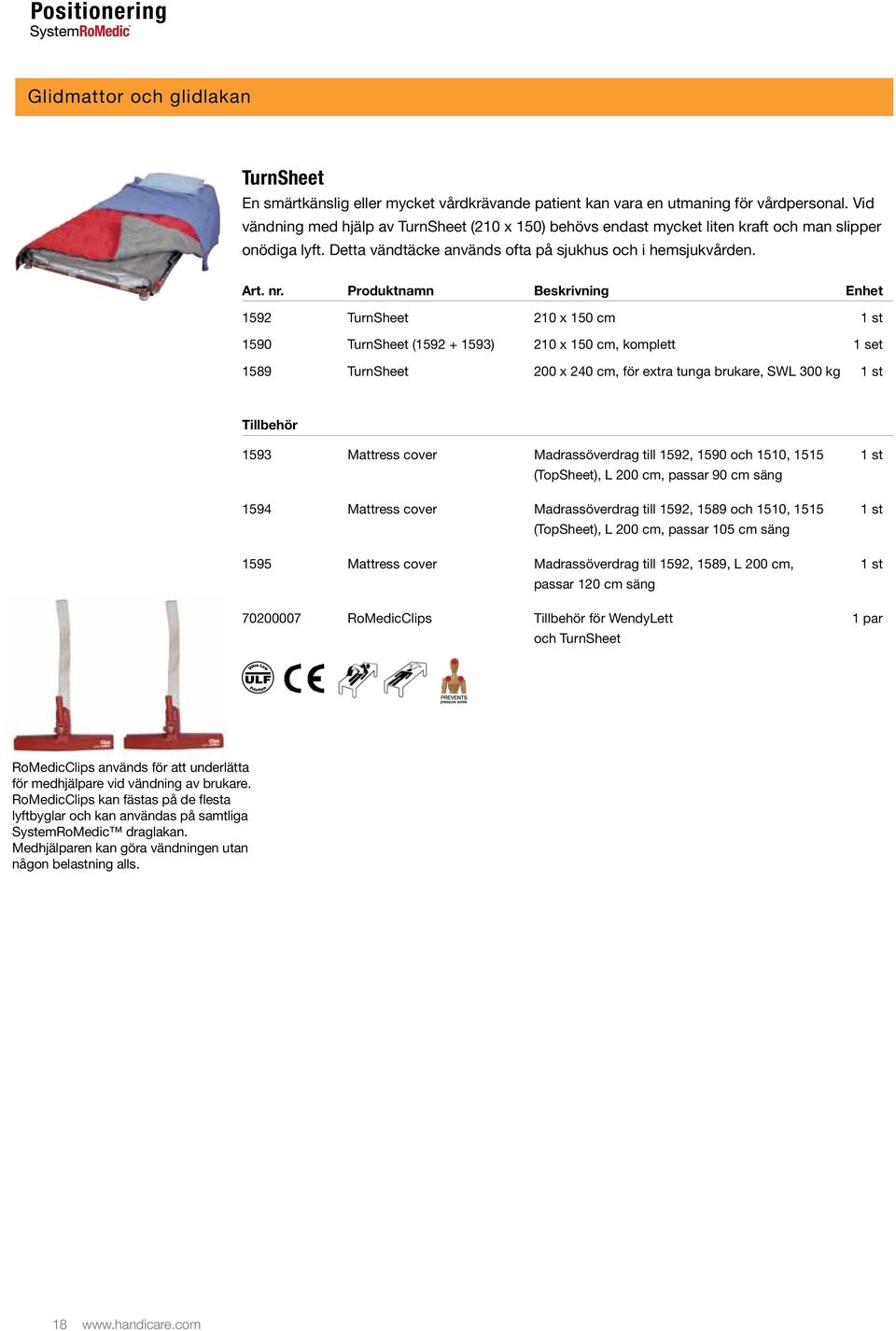 1592 TurnSheet 210 x 150 cm 1 st 1590 TurnSheet (1592 + 1593) 210 x 150 cm, komplett 1 set 1589 TurnSheet 200 x 240 cm, för extra tunga brukare, SWL 300 kg 1 st Tillbehör 1593 Mattress cover