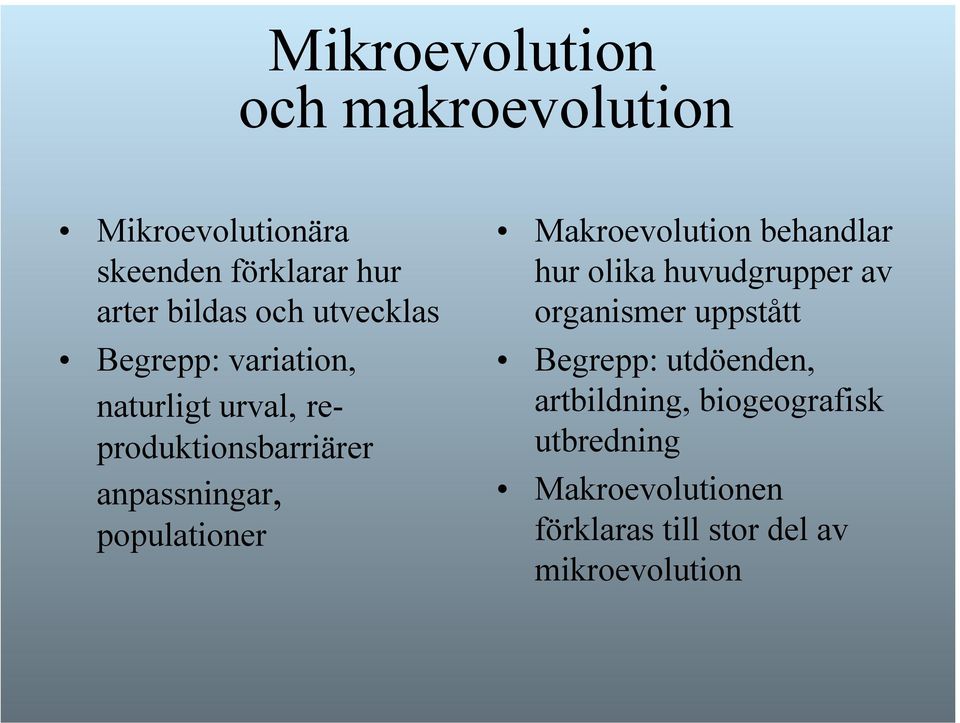 populationer Makroevolution behandlar hur olika huvudgrupper av organismer uppstått Begrepp: