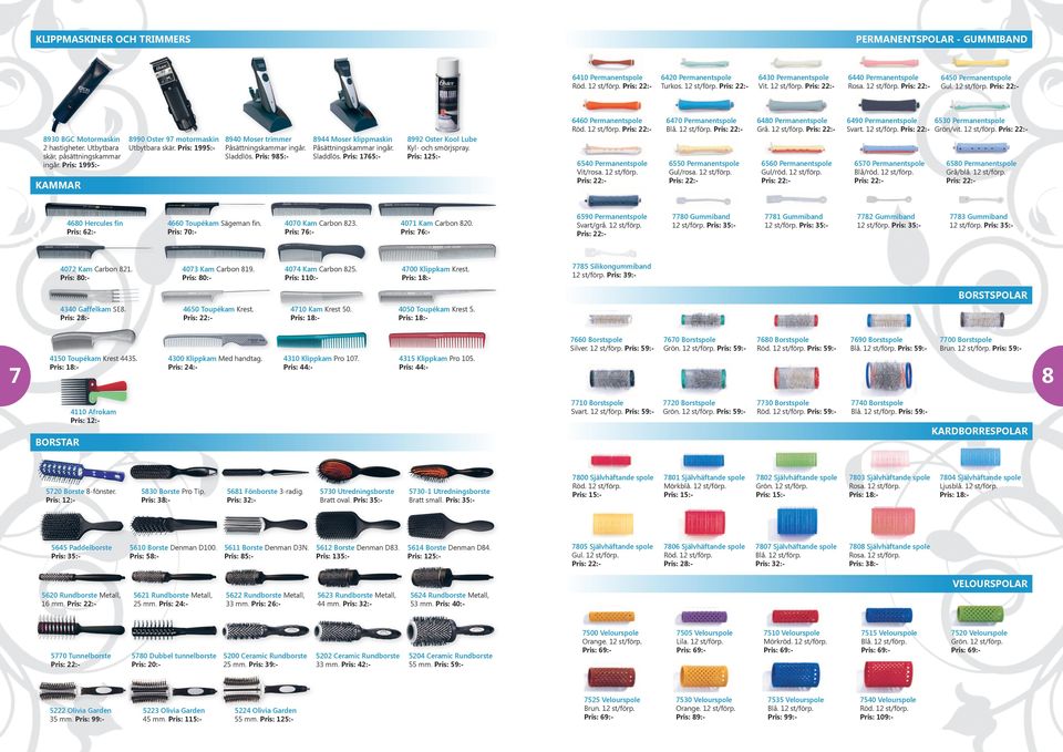 Pris: 985:- 8944 Moser klippmaskin Påsättningskammar ingår. Sladdlös. Pris: 1765:- 8992 Oster Kool Lube Kyl- och smörjspray. Pris: 125:- KAMMAR 4680 Hercules fin Pris: 62:- 4660 Toupékam Sägeman fin.